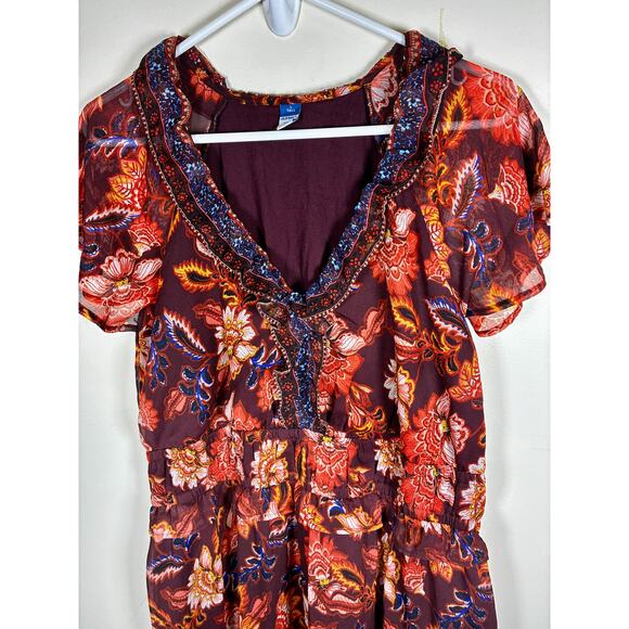 Old Navy Dress Size L Tall Orange Purple Fall Floral Forest Flutter Sleeve Midi - Picture 4 of 11